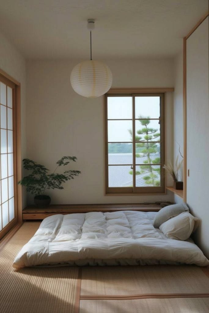A tatami room with a futon, plant, and low wooden shelf, set up for everyday floor sleeping