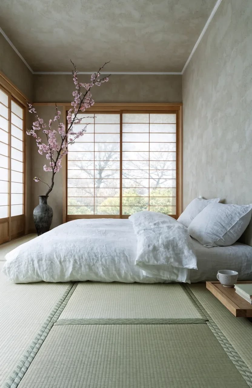 A Futonrama shikibuton mattress and kakebuton duvet laid on tatami beneath a window, with a cherry blossom branch in the room