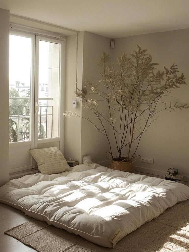 Shikibuton mattress folded on tatami in natural light