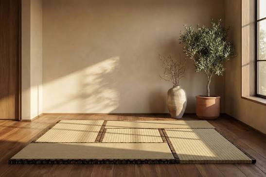 Woven tatami mat leaning against a wall